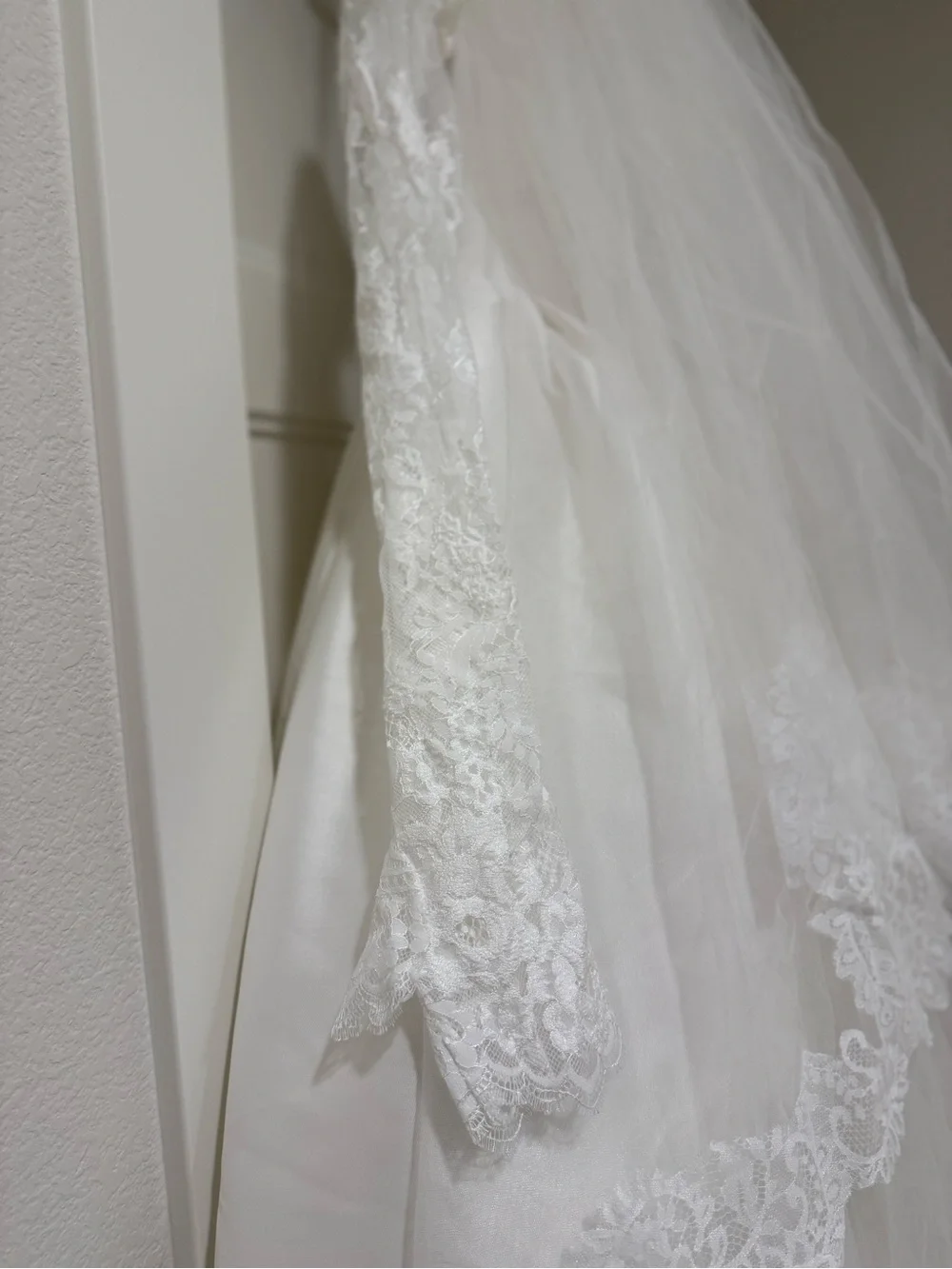 Pronovias White Wedding dress, cathedral veil & lace gloves